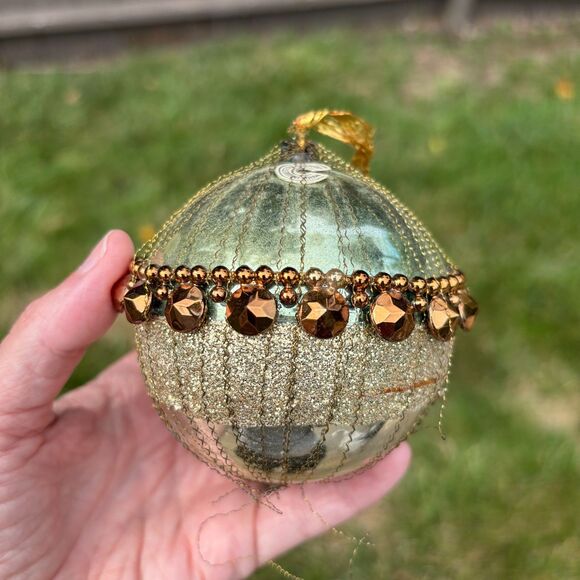 Other - Vtg West Germany Mercury Glass Christmas Ornament Crinkle Wire Wrapped Beaded